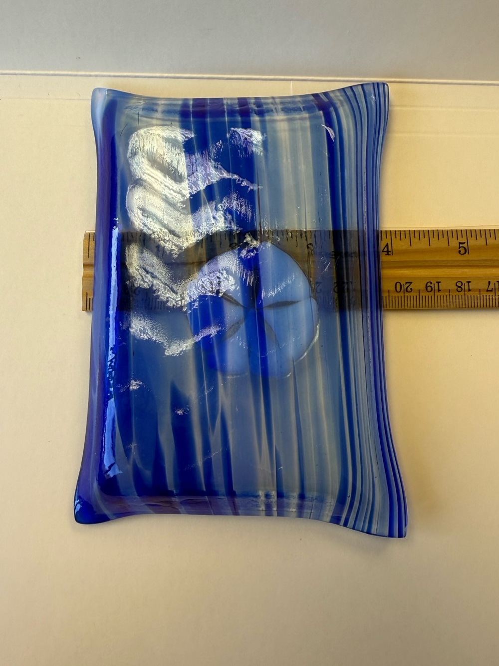Blue Striped Fused Glass Decorative Trinket Tray with White Sand Dollar Accent. - Picture 9 of 9